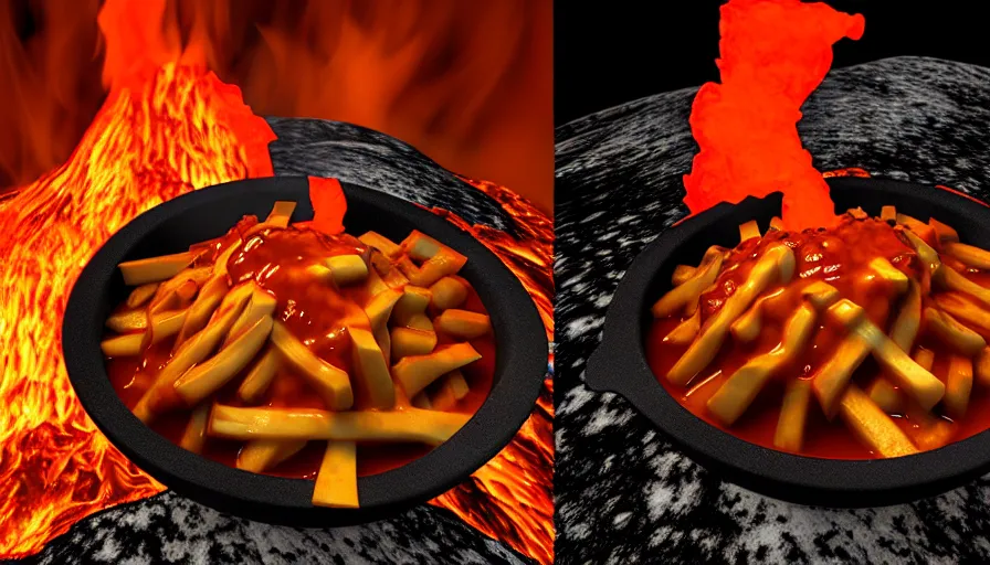 Image similar to poutine ( the canadian meal ) from mount doom, volcano texture, lava texture, fire texture, 8 k, octande render, unreal engine 5, surface blemishes, hdr