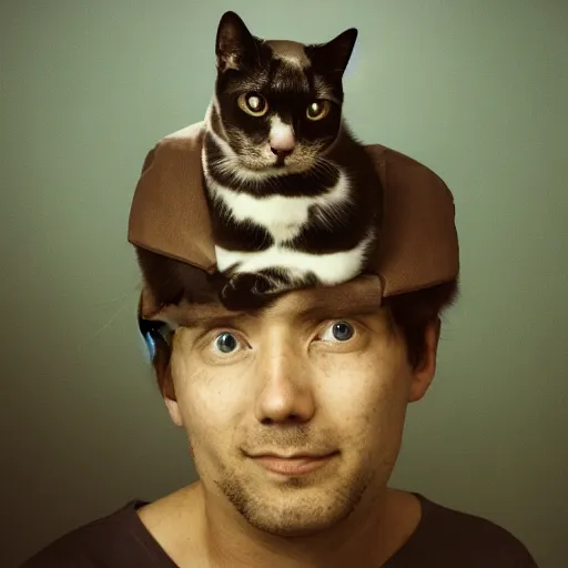 Image similar to a man with a cat sitting on his head