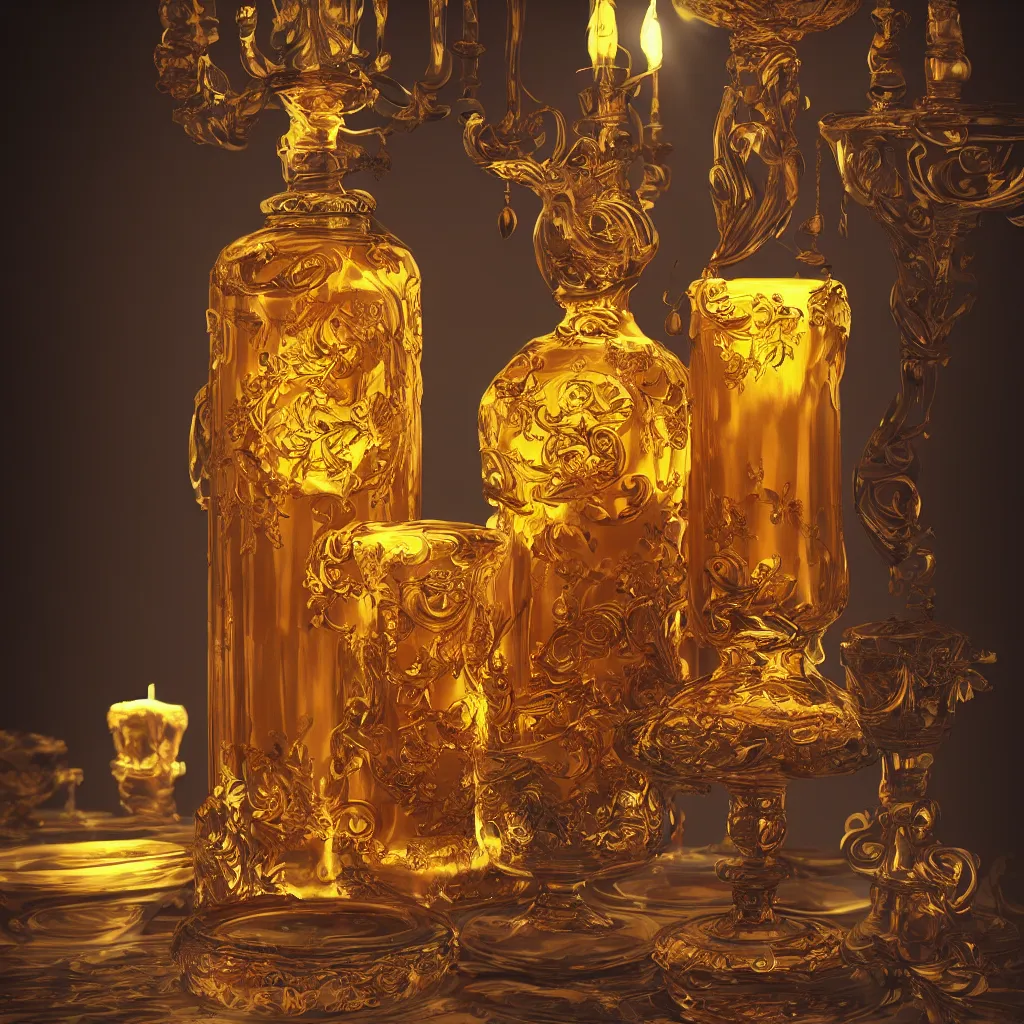 Prompt: photograph of an amber bottle of liqueur sits an ornate table between two ornate candles, 2700K very dim soft light, rim light, backlight, photographic , photorealism, professional photograph, deep focus, laser sharp, Octane render, Unreal 5, trending on artstation, CG Society