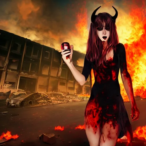 Prompt: super mad demon girl with demon horns in a pretty black dress and blood on it with a bottle in her hand in front of a destroyed city in flames, high detail photo