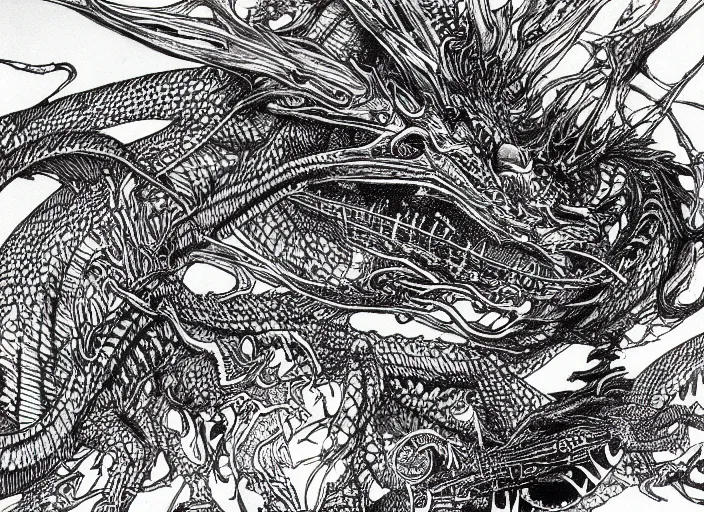 Prompt: black micron pen illustration, dragon steam punk, clean lines, really clear, crisp detail, fine pen, artstation, Ian Miller