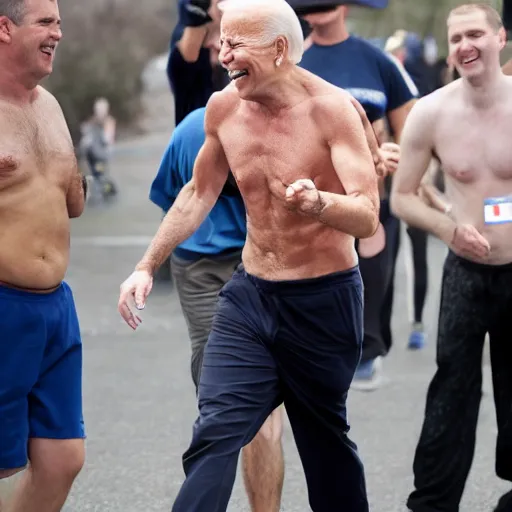 Prompt: shirtless biden walking marathon hands in the air laughing hysterically