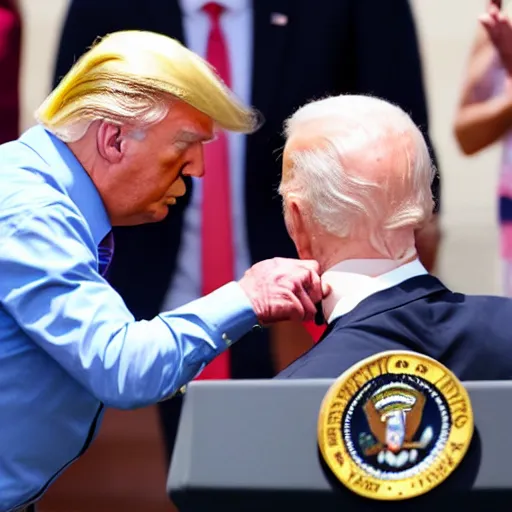Prompt: trump puts biden in a headlock on the white house lawn