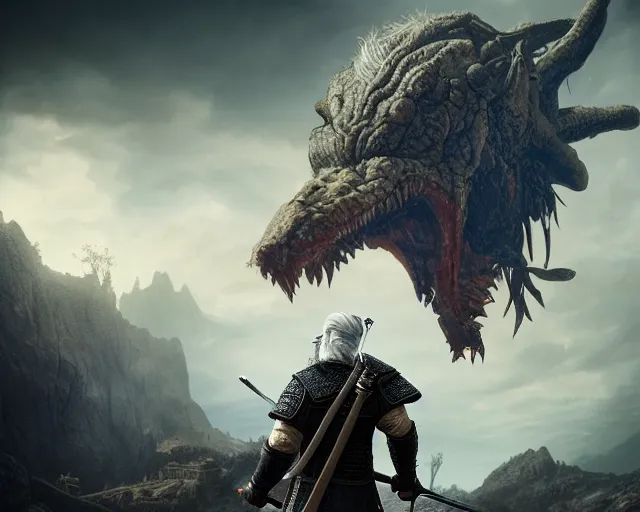 Image similar to 5 5 mm portrait photo of geralt fighting a 5 headed hydra. magical atmosphere. art by greg rutkowski. highly detailed 8 k. intricate. lifelike. soft light. nikon d 8 5 0.