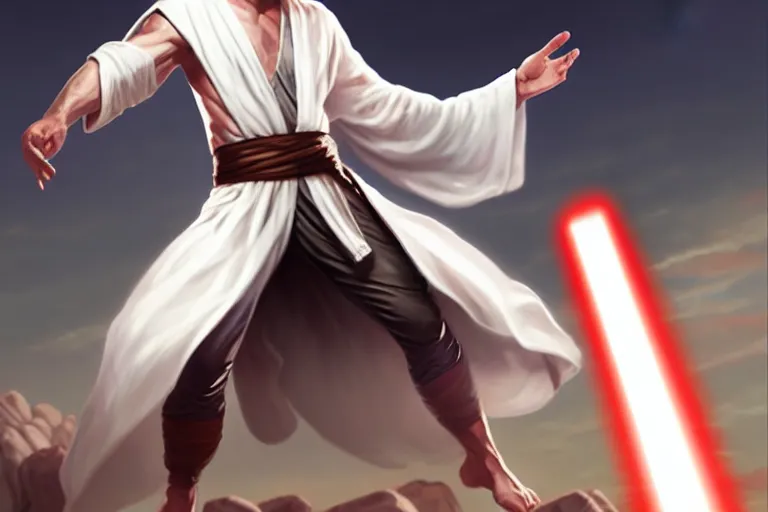 Prompt: jesus christ in a white robe striking sn action pose, jesus has a lightsaber ; art by artgerm ; digital art ; character art ;