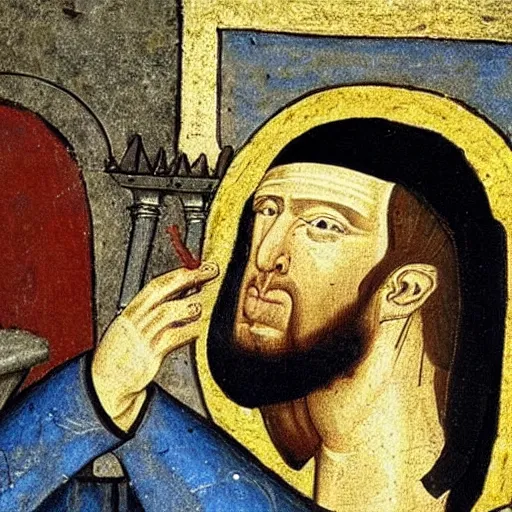 Image similar to Medieval painting of a man listening to sick beats on his headphones