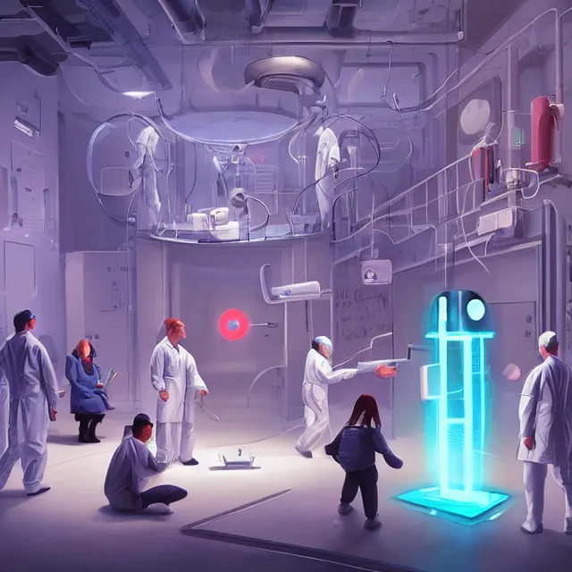 Prompt: engineers and scientists in labcoats confront a malevolent computer, glowing digital runes, panic, ross tran, ( futurism ), rhads!!!, james gurney, ( art fitzpatrick ), ( asaf hanuka ), ( ( barclay shaw ) ), ominous, saturday morning cartoon, clean linework, western animation