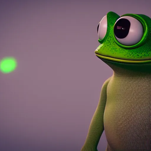 Prompt: pepe the frog, photorealistic render with cinematic lighting by beeple, cinema octane, unreal engine, 8 k