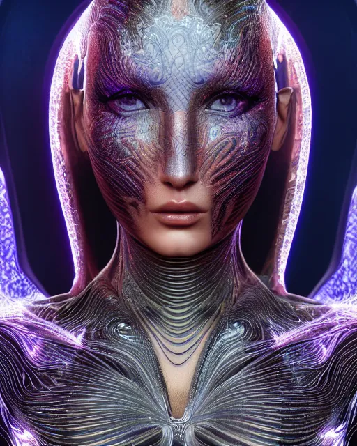 Image similar to a highly detailed metahuman 8 k close up render of bella hadid as alex grey art renaissance in iris van herpen dress trending on artstation made in unreal engine 4