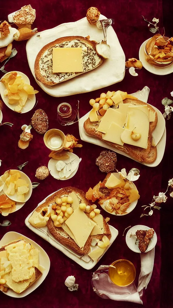 Prompt: 7 0 s food photography of an opulent spread of cheese on toast, on a velvet table cloth, dramatic diffused lighting, hasselblad 5 0 0