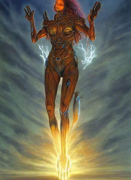 Image similar to biblical beautiful female druid android, shiva, glowing veins, in clouds, sunset, mecha, portrait by wayne barlowe, by peter elson, muted colors, by frank frazetta, extreme detail, reflections, trending on artstation, 8 k