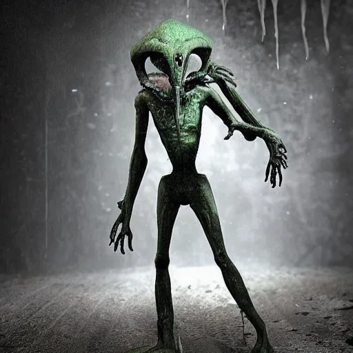 Prompt: a tripod macabre alien creature found in an abandoned basement, wet fungus dripping from the alien, amazing cgi