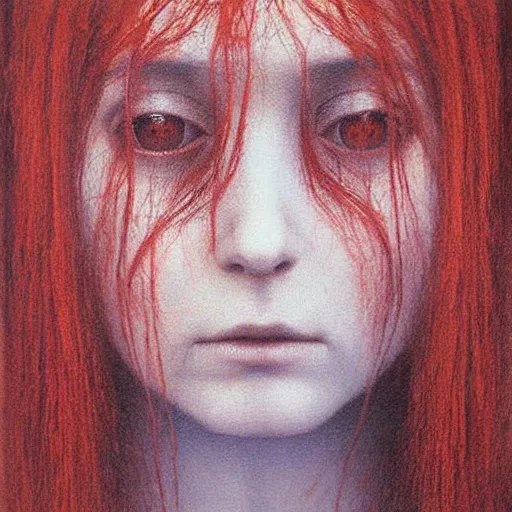 Prompt: female who looks like alyson hannigan by beksinski