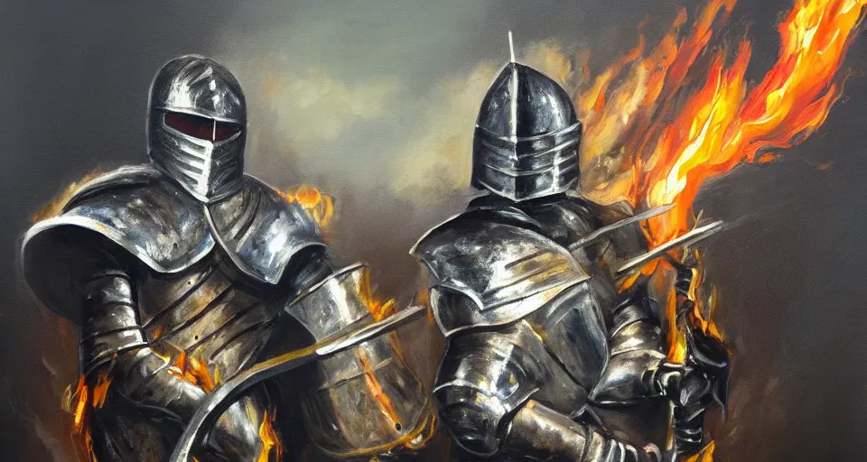 Image similar to An oil painting of a knight in dark metal armor wielding a flaming sword