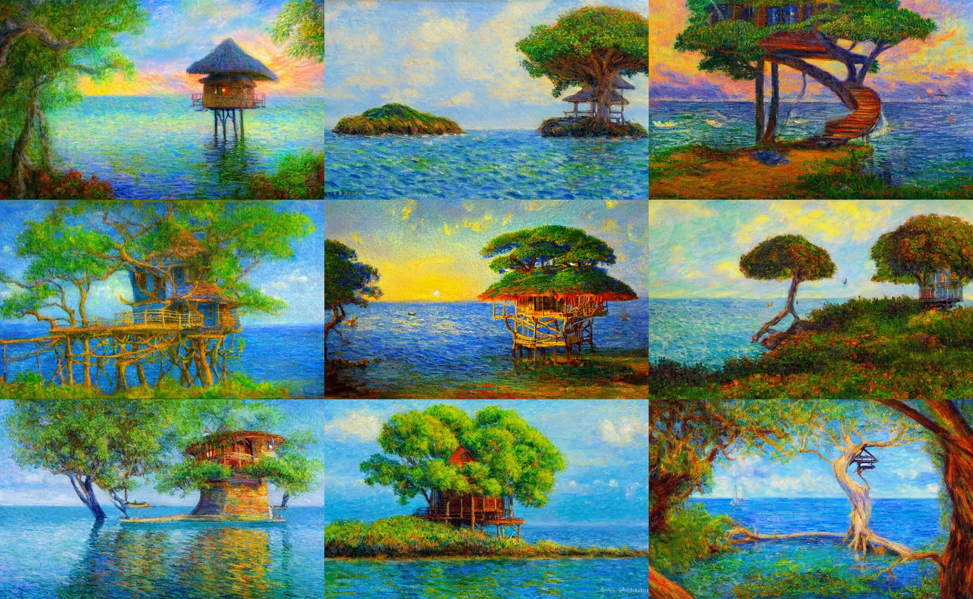 Prompt: impressionism painting of a mystical island treehouse on the ocean