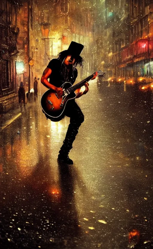 Prompt: a painting of slash playing the guitar, rainy night, lights, particles, depth of field, raindrops, crowd, lights, top hat by greg rutkowski, featured on artstation, epic composition, dramatic theme, cgsociety, deviantart, conceptartworld, screenshot from guitarhero cutscene