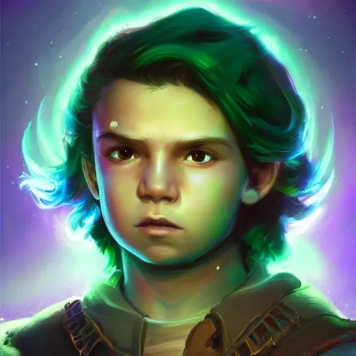 Image similar to a stylized portrait of a young boy with wavy brown hair and green eyes as an evil warlord, stylized, arcane magic, blue and purple vapor, neon color, vivid color, lens flare, volumetric light from below, background by justin gerard, hyperdetailed concept art by Ross Tran and Greg Rutkowski, high quality DnD illustration, trending on ArtStationHQ, 8k