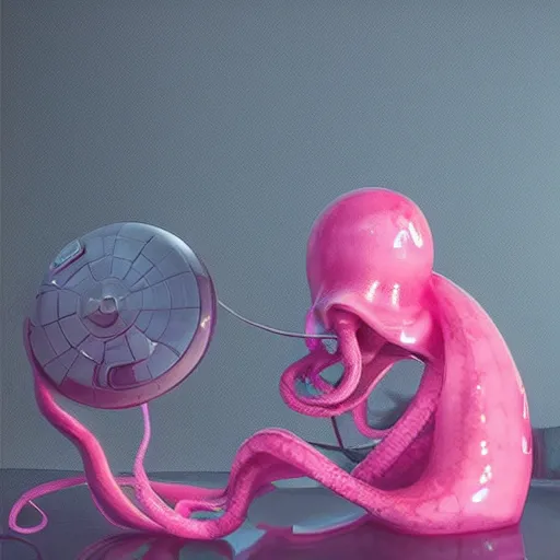 Prompt: a cute pink octopus playing videogames, digital art, trending on artstation, cgsociety, octane render, RPG portrait, dynamic lighting, hyperrealistic