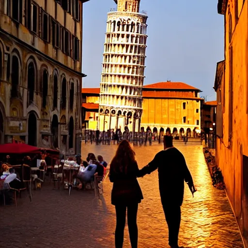 Prompt: a man and a woman eating a pizza in Pisa, Italy. Sunset, street photgraphy