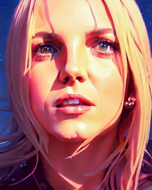 Image similar to highly detailed portrait of britney spears by studio ghibli, stephen bliss, unreal engine, greg rutkowski, loish, rhads, beeple, makoto shinkai and lois van baarle, ilya kuvshinov, rossdraws, tom bagshaw, alphonse mucha, global illumination, detailed and intricate environment