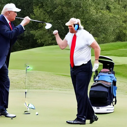 Prompt: angry Donald Trump playing golf