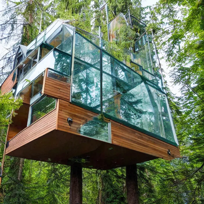 Prompt: glass house treehouse at 2875 adanac.st vanvcouver,british columbia,canada