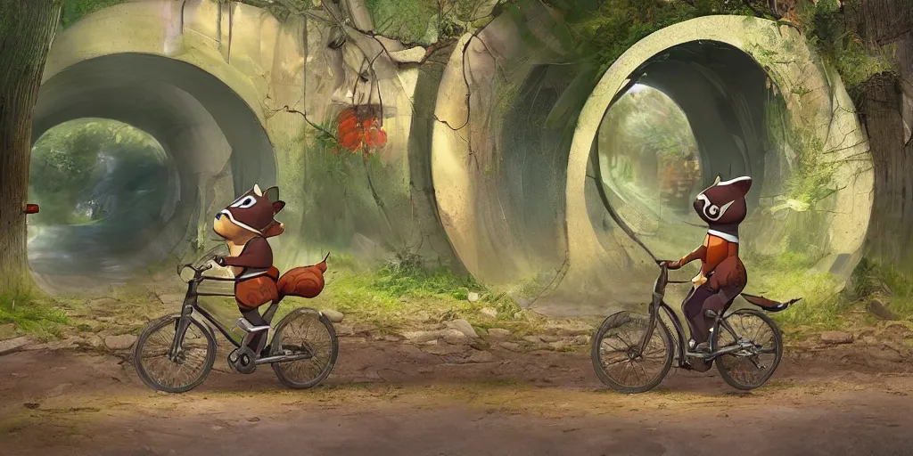 Image similar to A chipmunk riding a bike through a portal. Detailed digital matte painting in the style of simon stalenhag