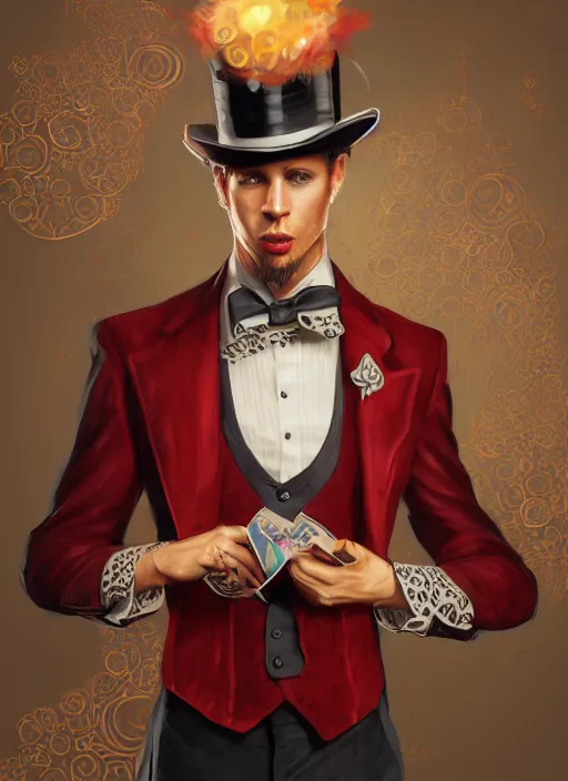 Image similar to a highly detailed illustration of stylish top hat wearing red haired attractive man, wearing suit vest, flashy card trick pose, intricate, elegant, highly detailed, centered, digital painting, artstation, concept art, smooth, sharp focus, league of legends concept art, WLOP