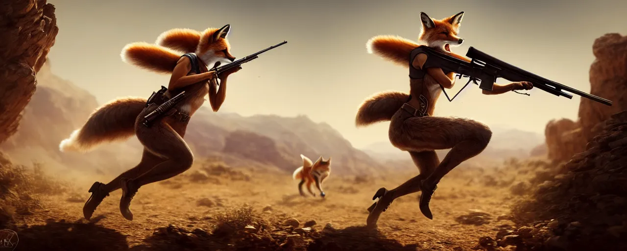 Prompt: an illustration of an anthropomorphic fox - woman running and gunning with a winchester rifle, wild west theme, focal depth,, many details, action, greg rutkowski style, high quality, 8 k,