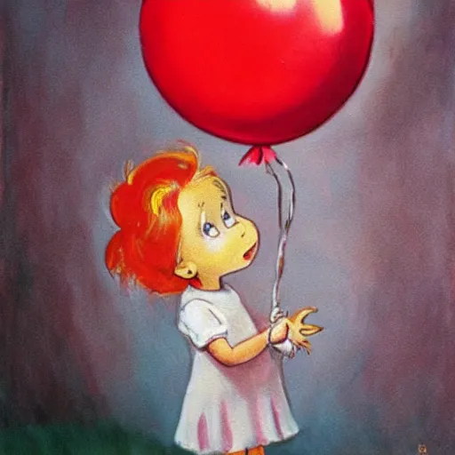 Prompt: painting of a little girl holding a red balloon by dr seuss | horror themed | creepy