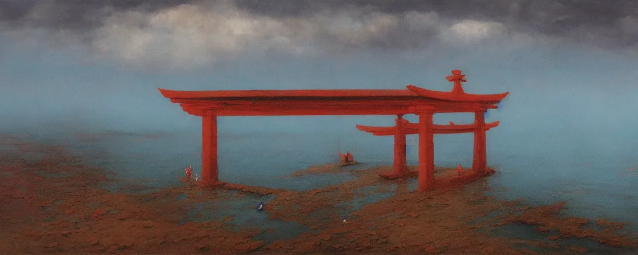 Image similar to A beautiful painting of A Torii over the sea by Zdzisław Beksiński and Ilya Repin,In style of Post-Apocalyptic.digital art, illustration,hyper detailed,smooth, sharp focus,trending on artstation,oil on the canvas,4k