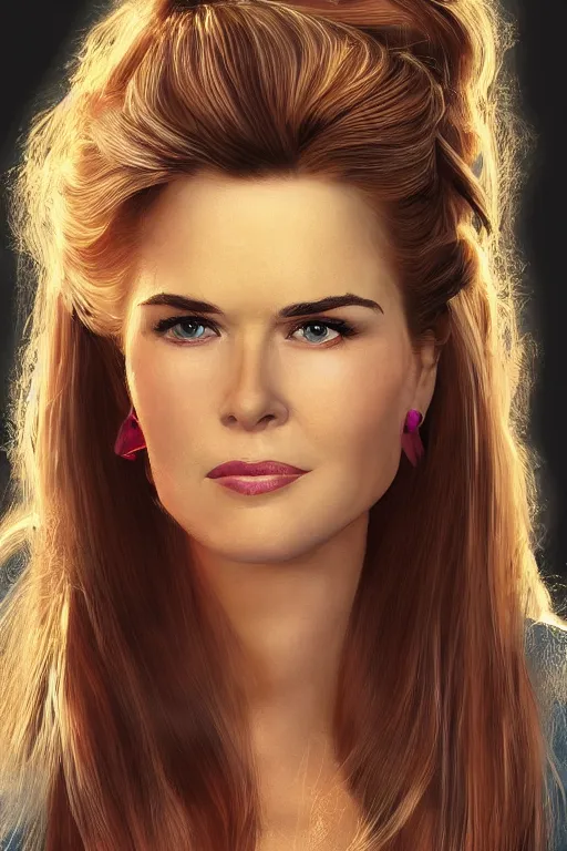 Image similar to mix of beautiful young maria shriver, mariel hemmingway, brooke shields, nicole kidman and elle macpherson as a snake, thin lips, hair tied up in a pony tail, dark blonde hair, colorful, artstation, cgsociety