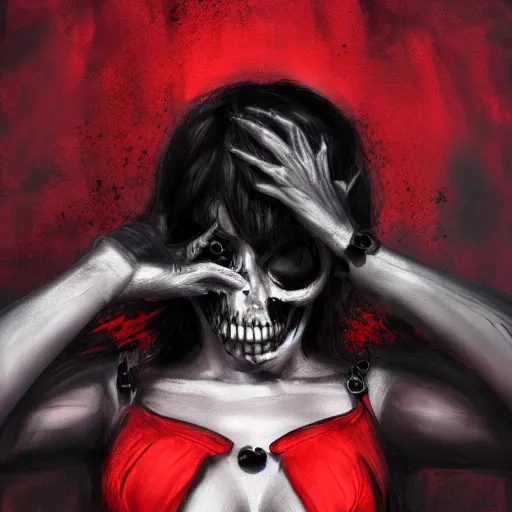 Image similar to Female death holding a red and black skull with the top cut off in one hand up to her face like hamlet, kodachrome, high contrast, highly detailed, sharp focus, digital painting, concept art, illustration, trending on artstation,