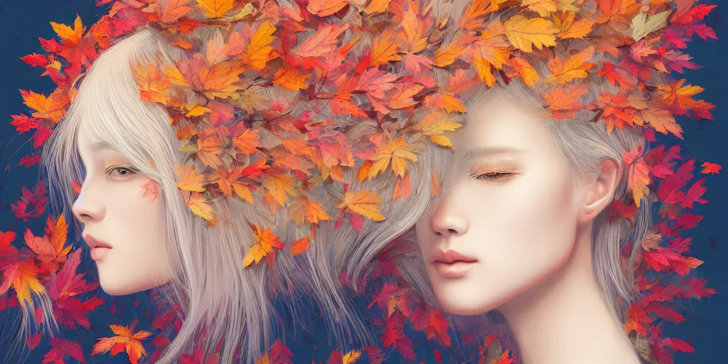 Prompt: breathtaking detailed concept art painting pattern pastel colors of blonde hair faces blend with autumn leaves, by hsiao - ron cheng, bizarre compositions, exquisite detail, 8 k