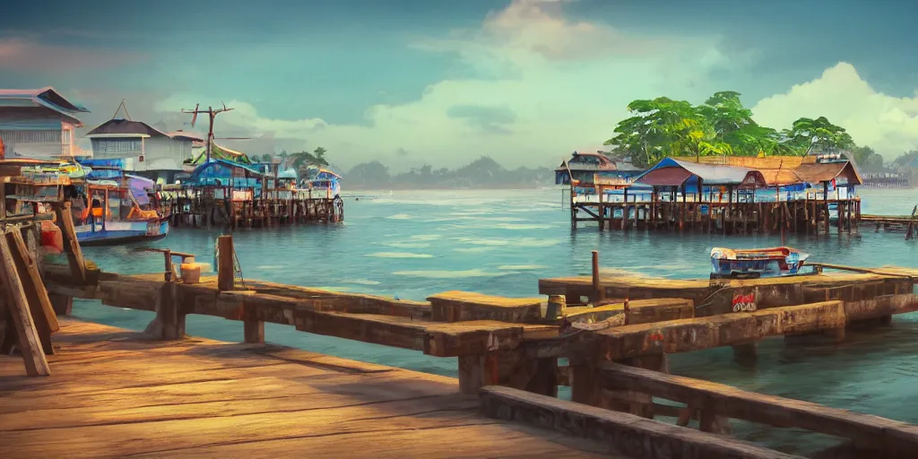 Image similar to pulau indah jetty fishing town in the morning, detailed matte painting, telephoto lens, bokeh, studio ghibli, artstation