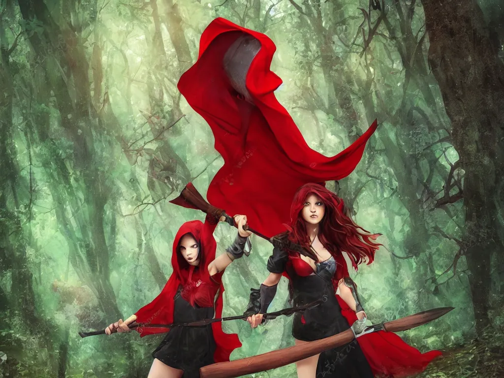 Prompt: a girl in a red hood with a twohanded axe in mysty deep mystical forest, style by victor hugo queiroz