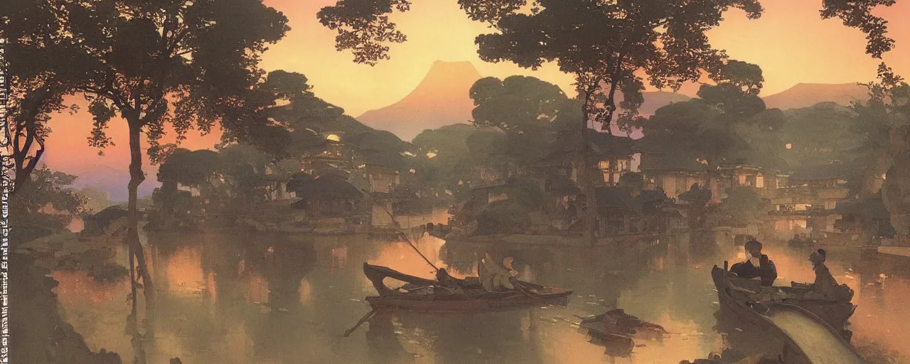 Image similar to a beautiful painting of an ancient japanese town nearby a small river in the evening by alfons maria mucha and ivan aivazovsky, ultra detailed, volumetric lighting, pink vibe