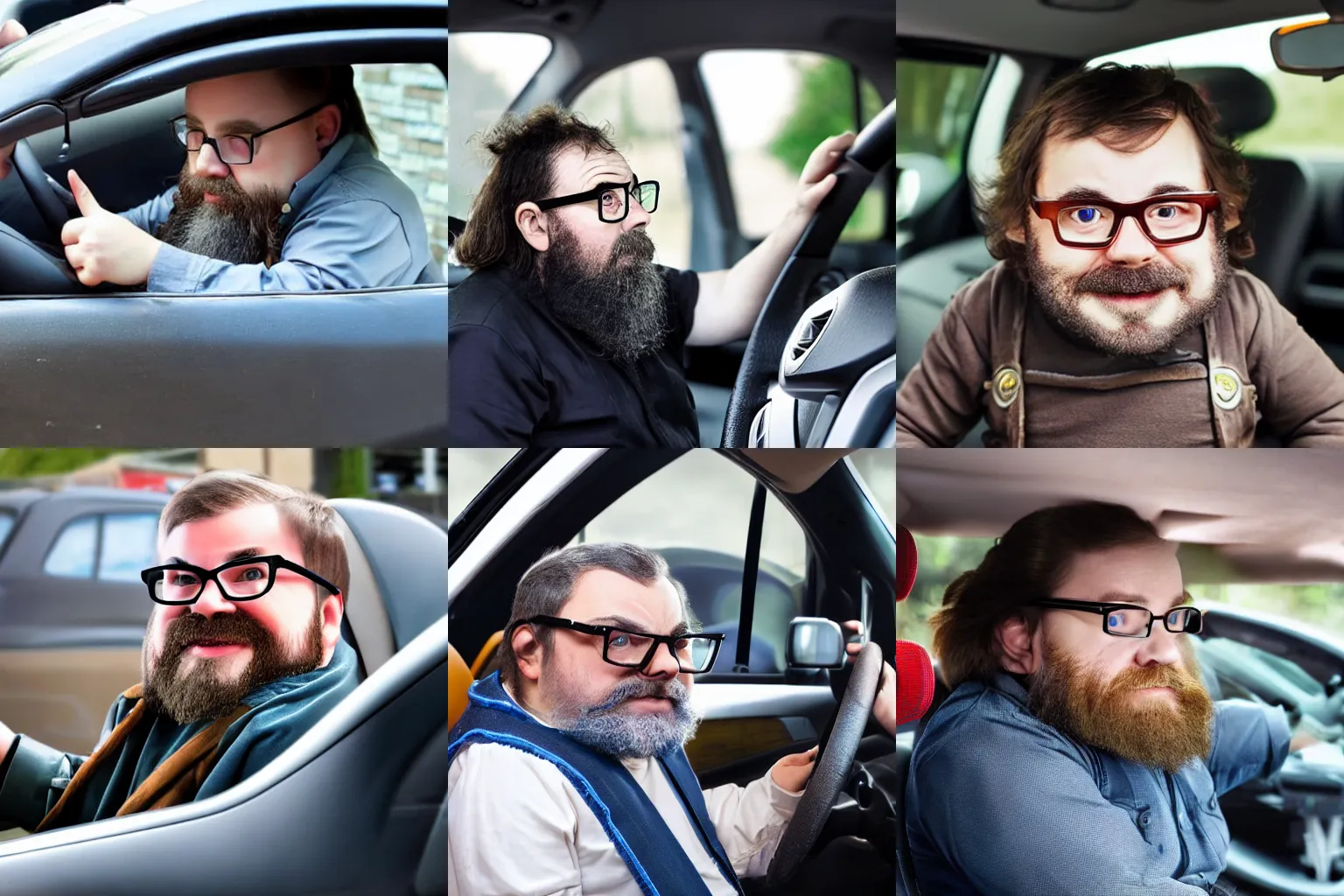Prompt: A dwarf with glasses driving a car