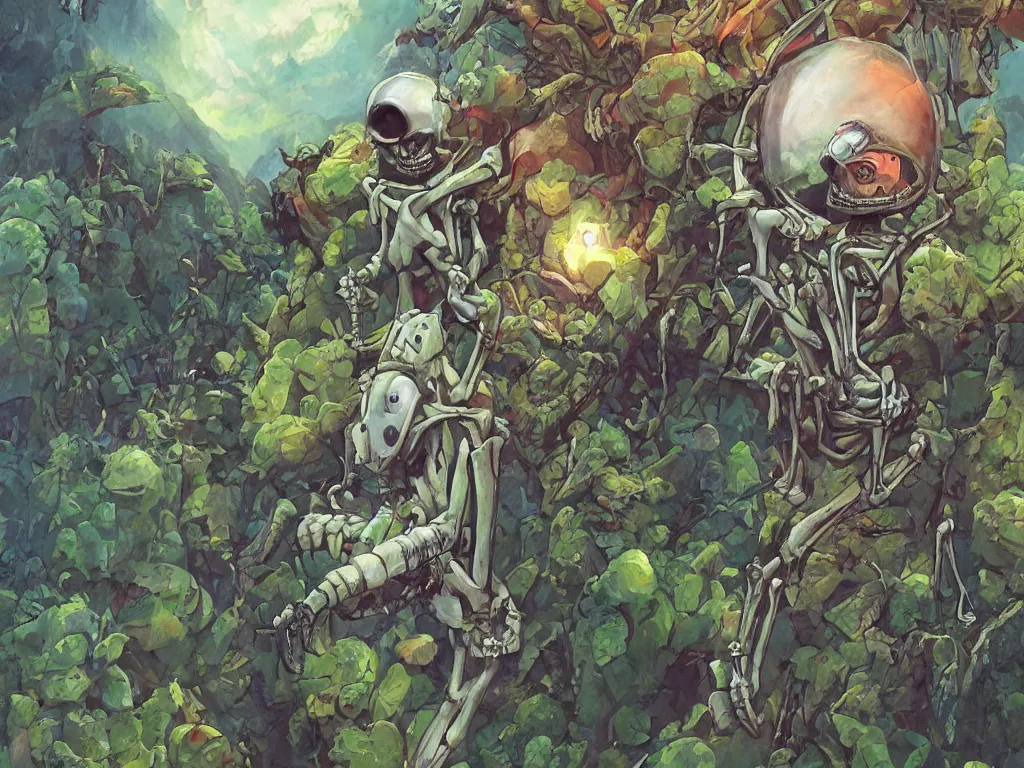 Image similar to a skeleton astronaut!!!!!!!!! with his helmet off by kren cushart and ralph mc quarrie on a colorful alien wheat world with lime!!!! trees