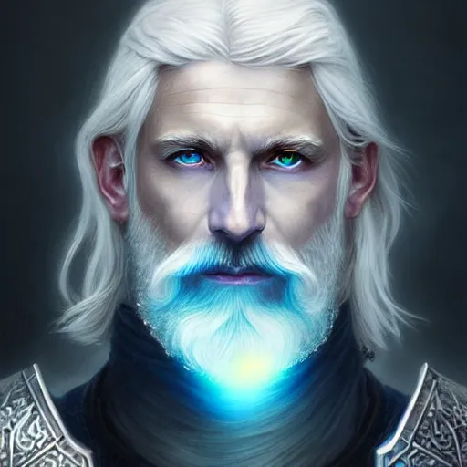 Image similar to Portrait of an Aasimar Paladin with glowing blue eyes, pale grey skin, silver full beard, and silver hair. He has a sword and wears green mossy armor. Epic fantasy art, award winning on Artstation, intricate, elegant, highly detailed, digital painting, art by artgerm and greg rutkowski and alphonse mucha.