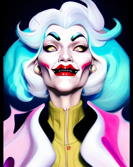 Image similar to digital art, centered portrait of smiling cruella deville, happy, colorfull, joyeous by james jean and by artgerm, by ross tran, ultradetailed, charachter design, concept art, trending on artstation,