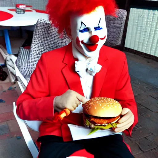 Image similar to KFC clown eating McDonald's burger