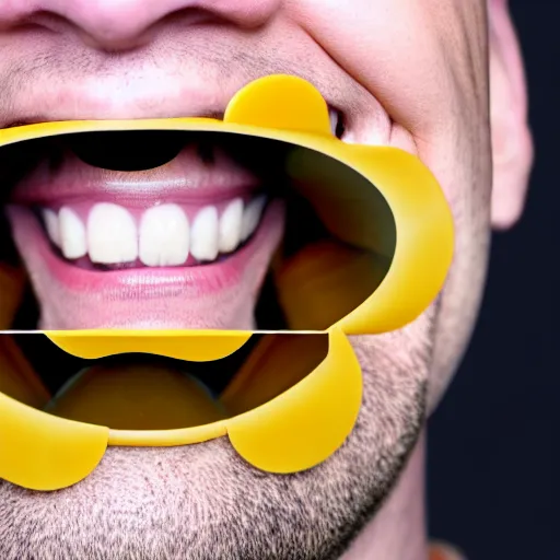 Image similar to photograph of smiling man with bees inside his mouth, 8k resolution, high detail, ULTRA REALISTIC VFX, reflections