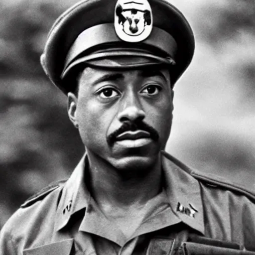 Image similar to black Robert Downey Jr as a soldier in Vietnam, award winning historical photograph
