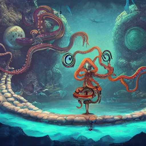 Image similar to dystopian fantasy undersea rock concert. On stage, the drummer is squid woman with tentacles playing a big rock&roll drum kit, by Philipp A. Urlich and Pengzhen Zhang an Andreas Rocha, fantasy, intricate, elegant, highly detailed, digital painting, artstation, blender, unreal engine 5, octane render, smooth, sharp focus, illustration