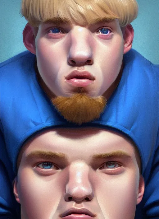 Image similar to portrait of high school senior boy named big moose, blonde short hair, jock, beefy, wide face, square jaw, square facial structure, blue varsity jacket with letter r, intricate, elegant, glowing lights, highly detailed, digital painting, artstation, concept art, sharp focus, illustration, art by wlop, mars ravelo and greg rutkowski