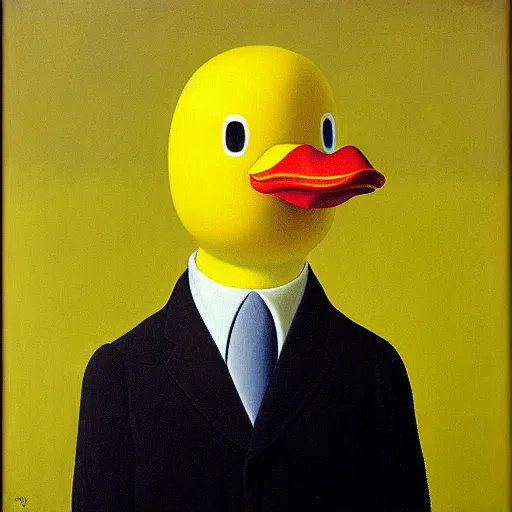 Prompt: portrait of a yellow rubber duck by rene magritte, oil on canvas.