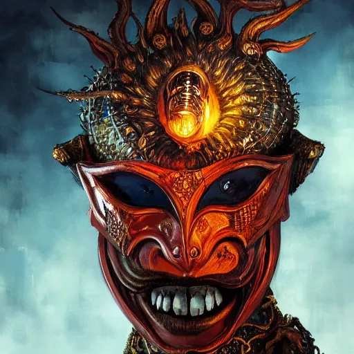 Prompt: Very very very very highly detailed epic photo of face with fiery demonic venetian mask, intricate, dystopian, sci-fi, extremely detailed, digital painting, artstation, concept art, smooth, sharp focus, illustration, intimidating lighting, incredible art by Artgerm and Vincent di Fate and Anton Pieck and Brom