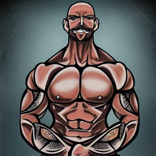 Image similar to muscular bald man, tattooed body, sword in hands, HD, anime style,