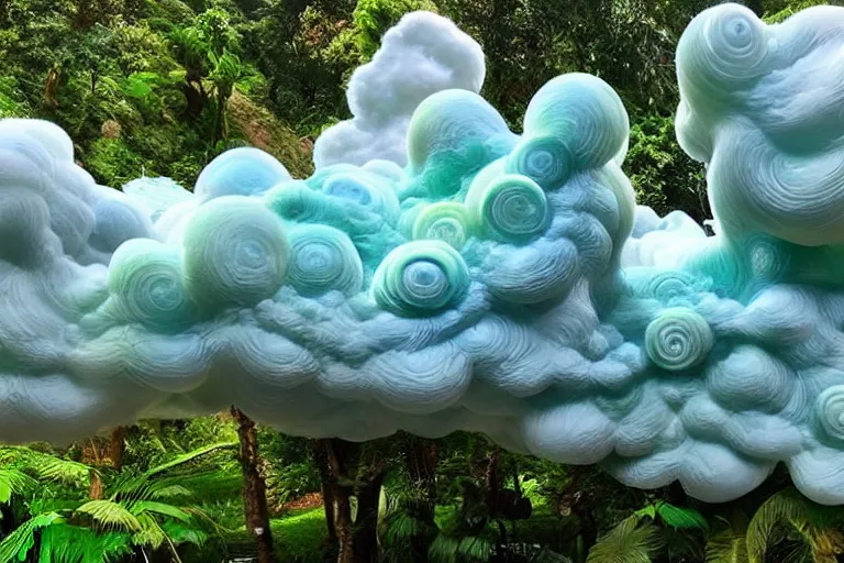 Image similar to a huge flock of many smooth puffy marvelous cloud sculptures with whirling ultra detailed gemstone crystal sculptures, art nouveau jungle environment, soothing, crepuscular rays, award winning art, epic dreamlike fantasy landscape, ultra realistic,